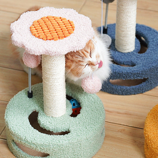 Yellow Bold Flower Cat Scratching Post - Interactive Plush & Sisal Cat Toy with Teaser Balls
