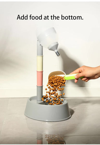 Grey Base Adjustable Height Pet Water Dispenser with Food Bowl Base - Non-Drip Bottle Feeder Station for Dogs & Cats